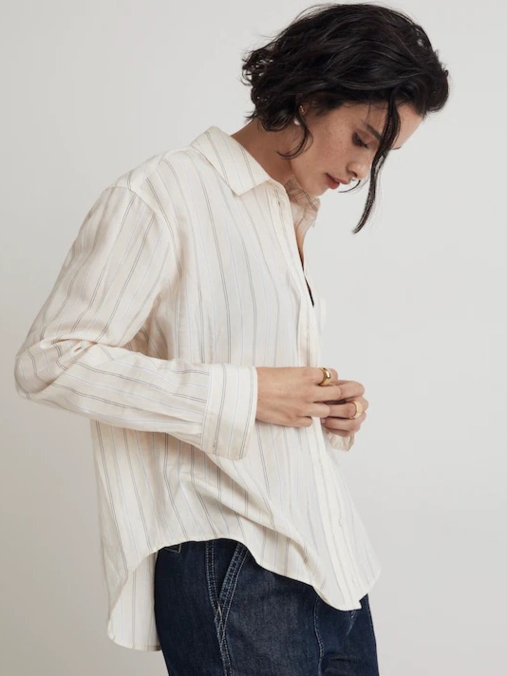 Sandro Paris neutral striped button front relaxed fit long sleeve blouse